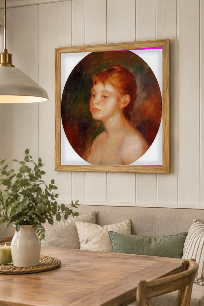 Framed print of Study of a Young Woman (Mademoiselle Murer) hanging on a wall in a furnished room