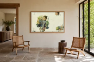 Framed print of Study for ‘Young Girls Playing Badminton’ hanging on a wall in a furnished room