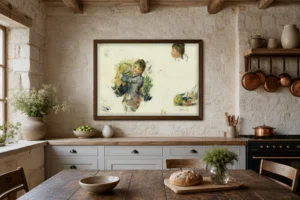 Framed print of Study for ‘Young Girls Playing Badminton’ hanging on a wall in a furnished room