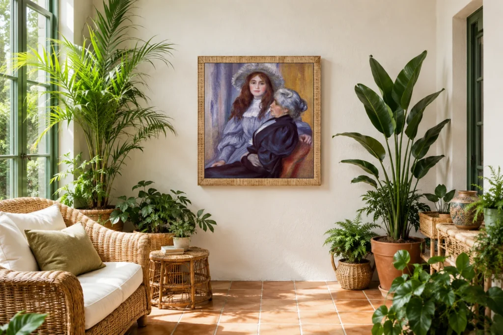 Framed print of Berthe Morisot et sa fille Julie Manet hanging on a wall in a furnished room