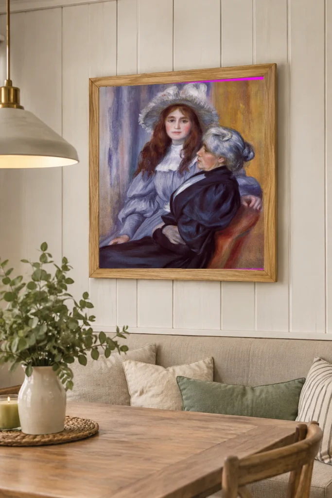 Framed print of Berthe Morisot et sa fille Julie Manet hanging on a wall in a furnished room