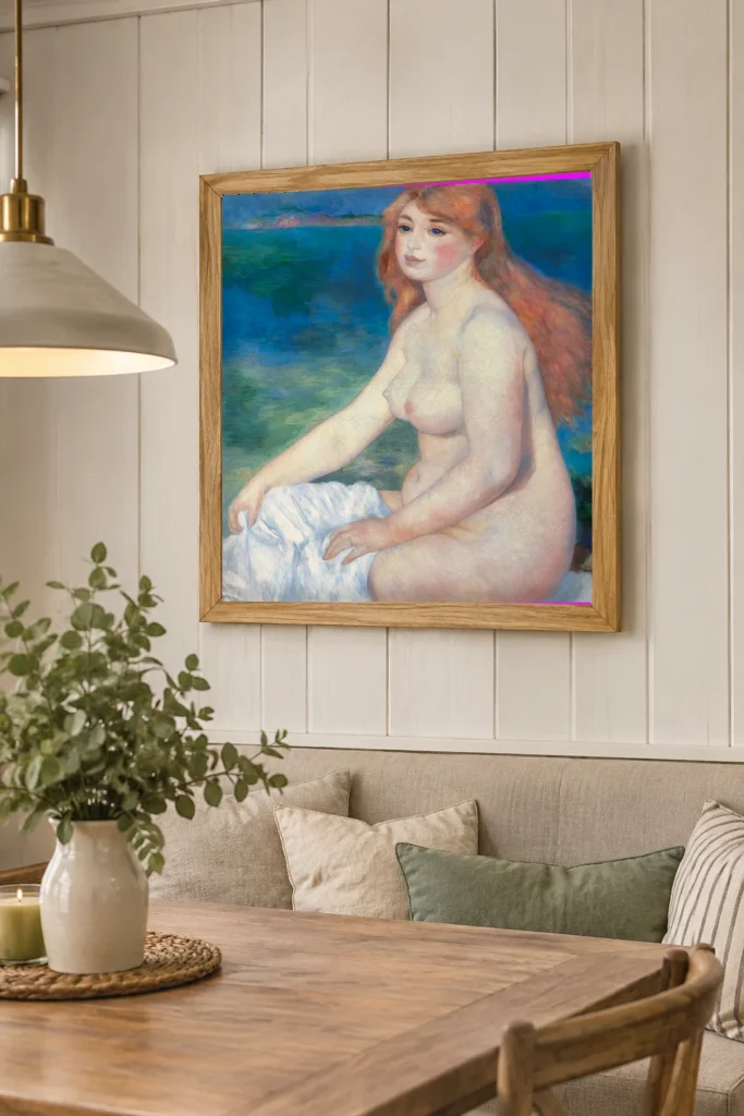 Framed print of Blonde Bather hanging on a wall in a furnished room