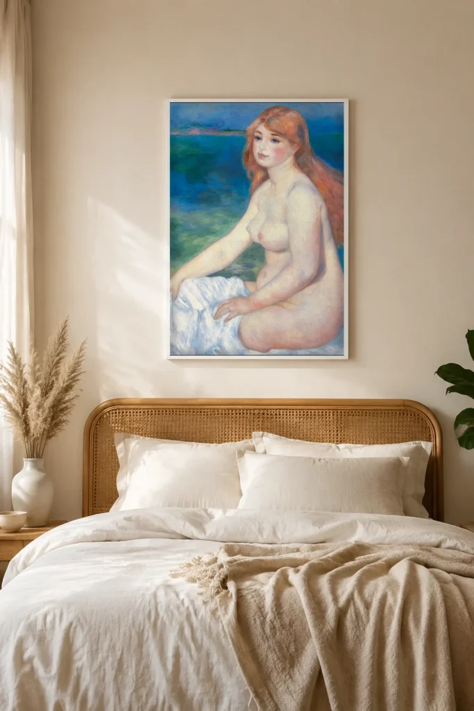 Framed print of Blonde Bather hanging on a wall in a furnished room