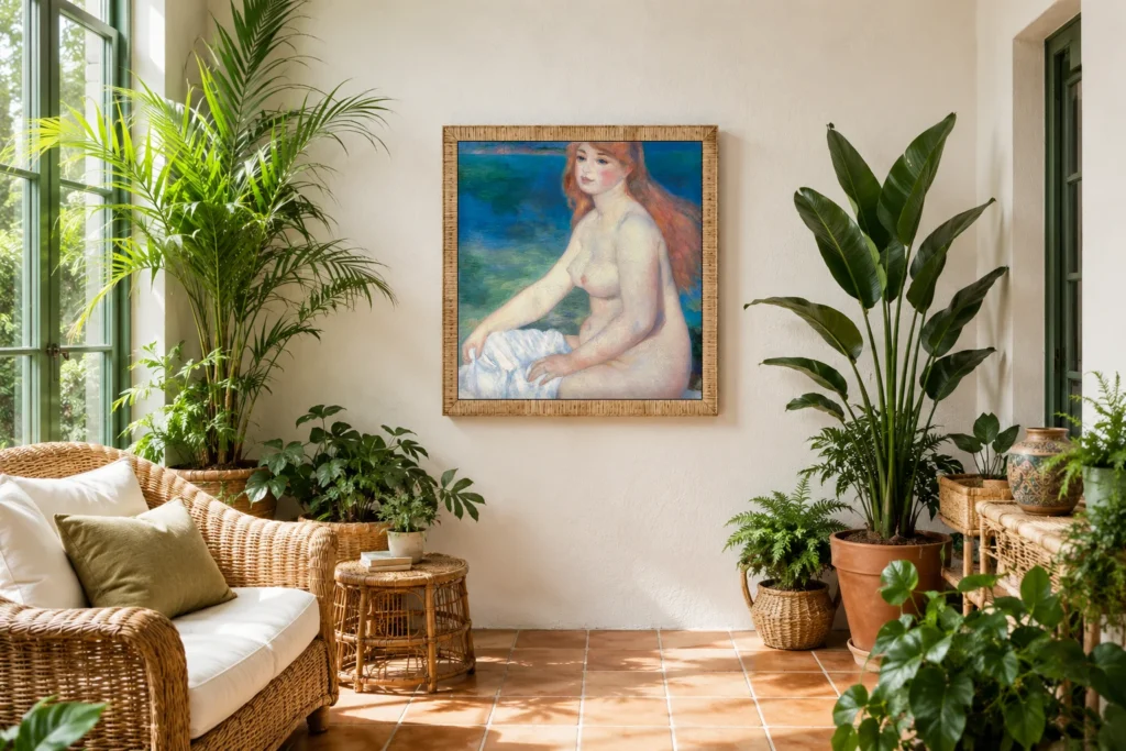 Framed print of Blonde Bather hanging on a wall in a furnished room