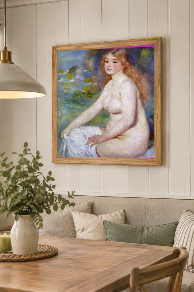 Framed print of Blonde Bather hanging on a wall in a furnished room