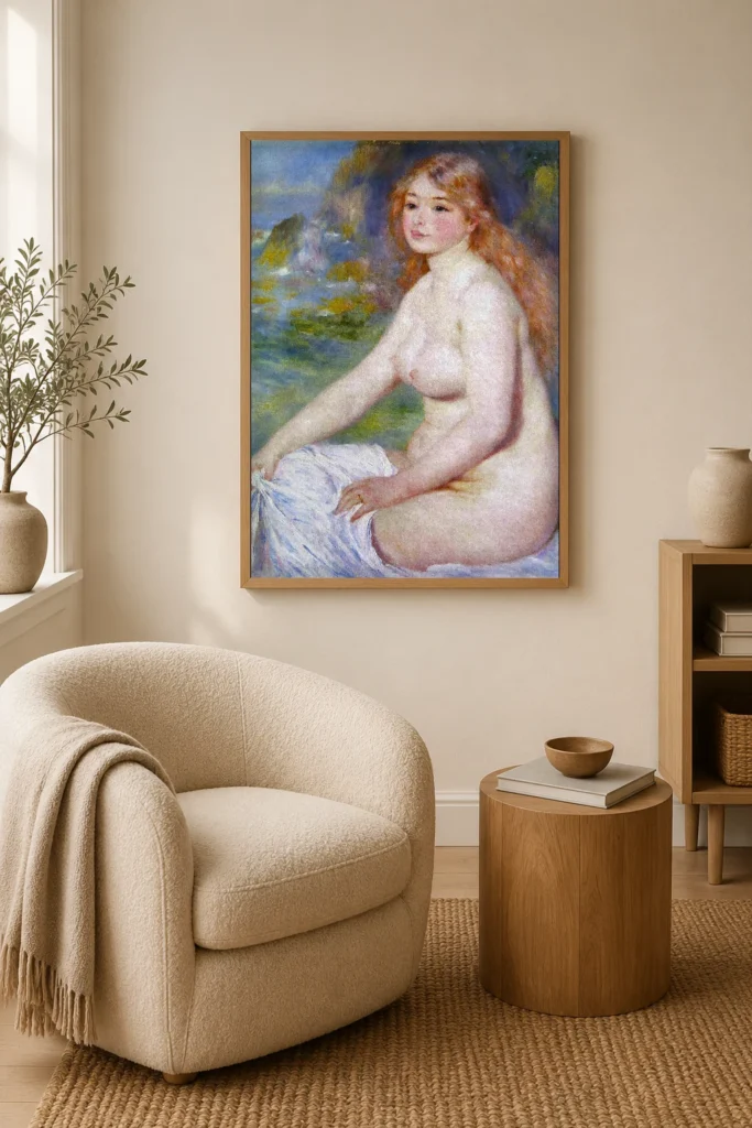 Framed print of Blonde Bather hanging on a wall in a furnished room