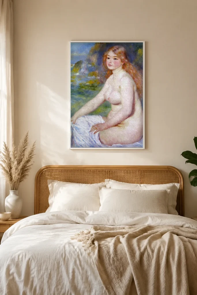 Framed print of Blonde Bather hanging on a wall in a furnished room