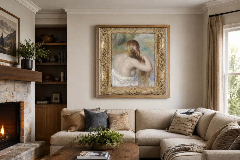 Framed print of Blonde Braiding Her Hair hanging on a wall in a furnished room