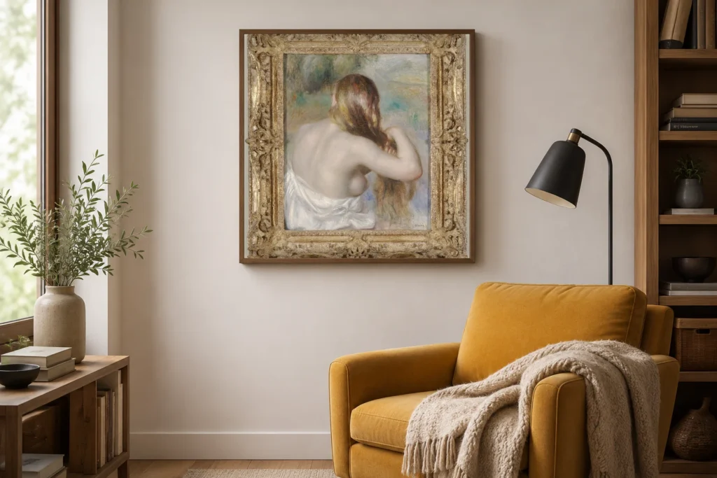 Framed print of Blonde Braiding Her Hair hanging on a wall in a furnished room
