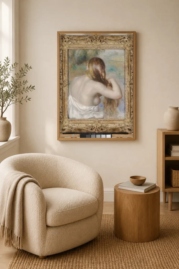 Framed print of Blonde Braiding Her Hair hanging on a wall in a furnished room