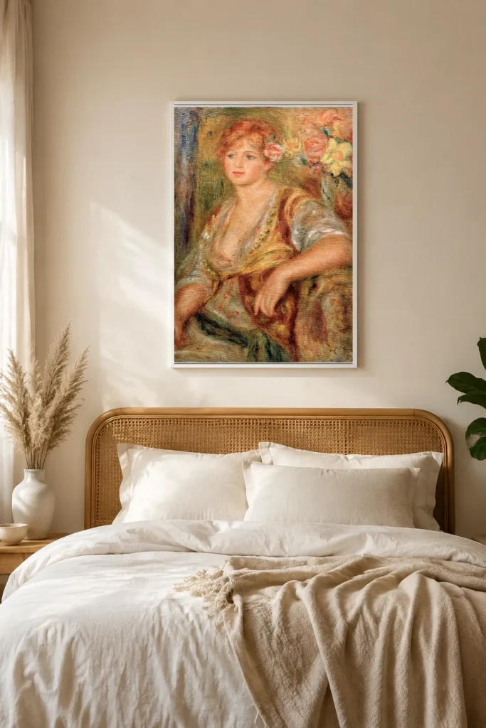 Framed print of Blonde Girl with a Rose hanging on a wall in a furnished room