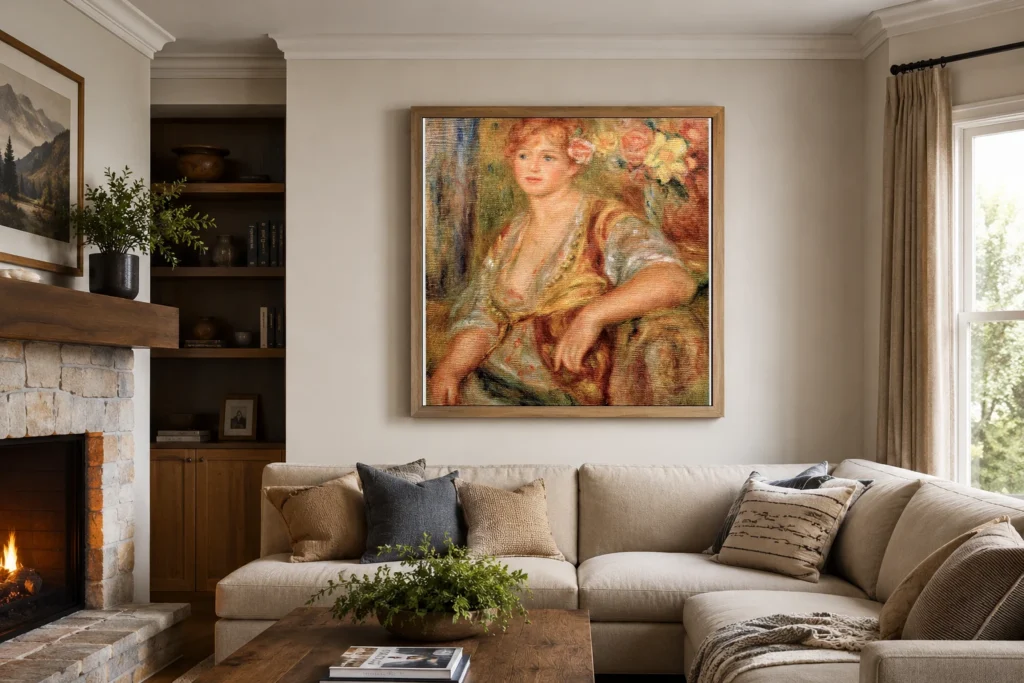 Framed print of Blonde Girl with a Rose hanging on a wall in a furnished room