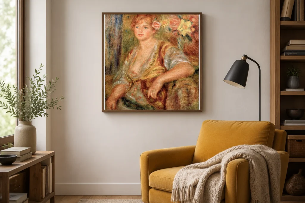 Framed print of Blonde Girl with a Rose hanging on a wall in a furnished room