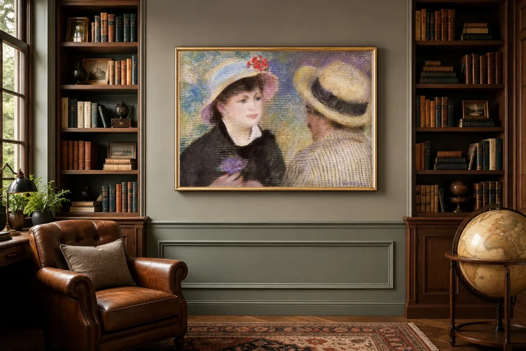 Framed print of Boating Couple (said to be Aline Charigot and Renoir) hanging on a wall in a furnished room