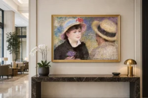 Framed print of Boating Couple (said to be Aline Charigot and Renoir) hanging on a wall in a furnished room