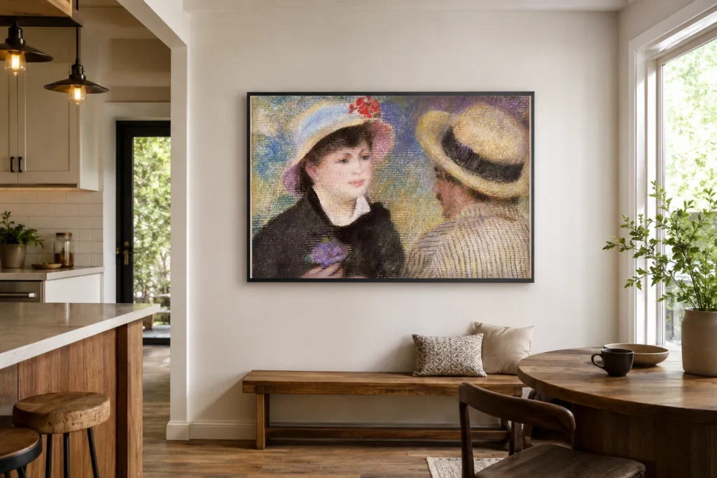 Framed print of Boating Couple (said to be Aline Charigot and Renoir) hanging on a wall in a furnished room