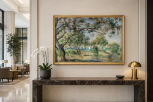 Framed print of Bois de la Chaise (Noirmoutier) hanging on a wall in a furnished room