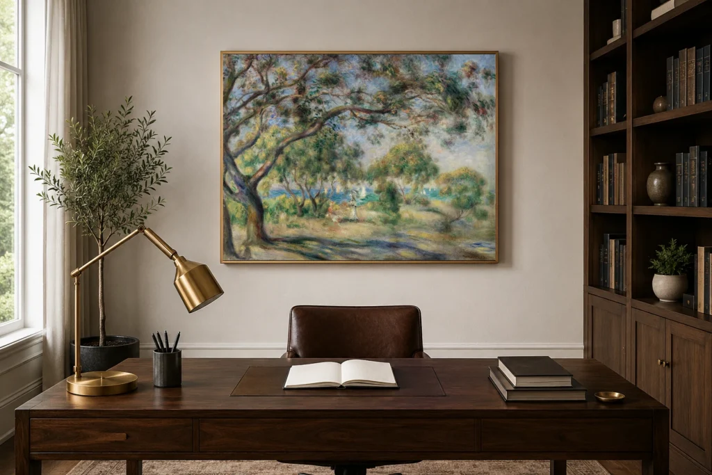 Framed print of Bois de la Chaise (Noirmoutier) hanging on a wall in a furnished room