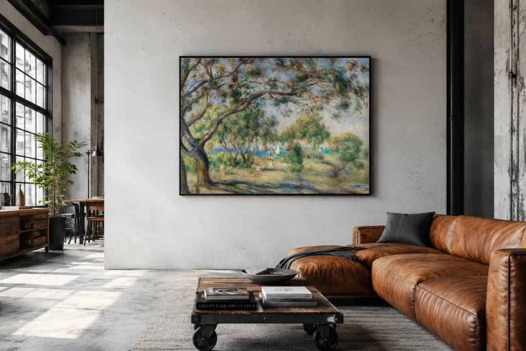 Framed print of Bois de la Chaise (Noirmoutier) hanging on a wall in a furnished room