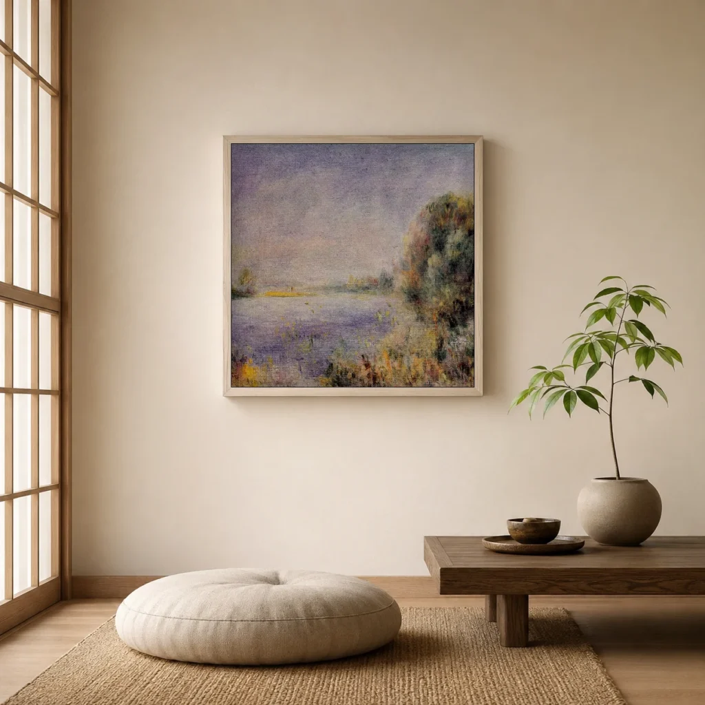 Framed print of Riverbanks hanging on a wall in a furnished room