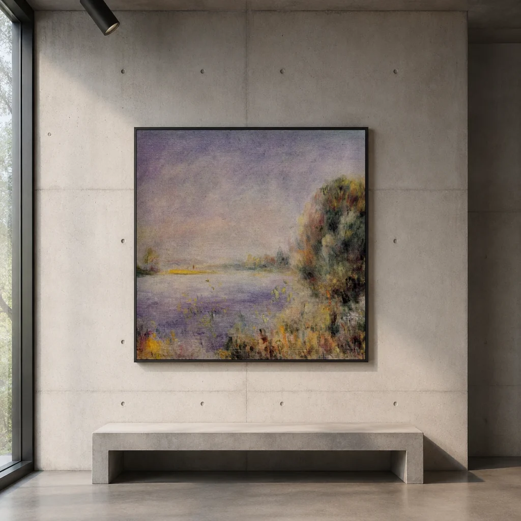 Framed print of Riverbanks hanging on a wall in a furnished room