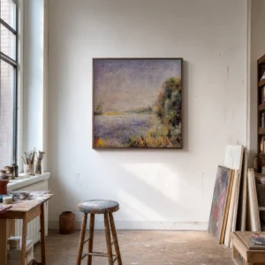 Framed print of Riverbanks hanging on a wall in a furnished room