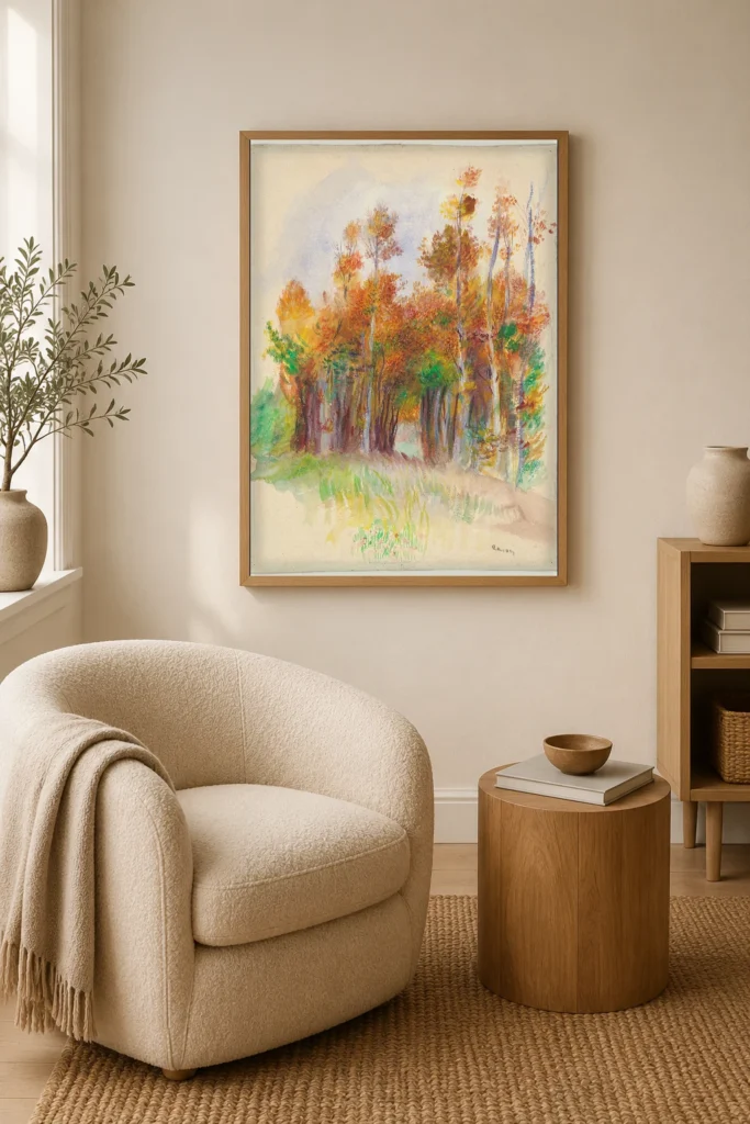 Framed print of Autumn Grove hanging on a wall in a furnished room