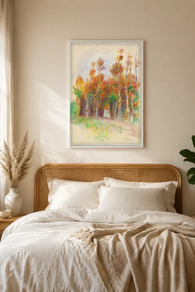 Framed print of Autumn Grove hanging on a wall in a furnished room