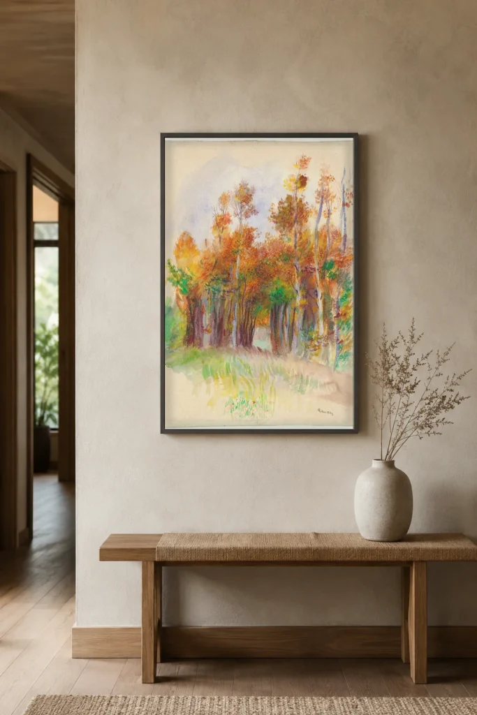 Framed print of Autumn Grove hanging on a wall in a furnished room