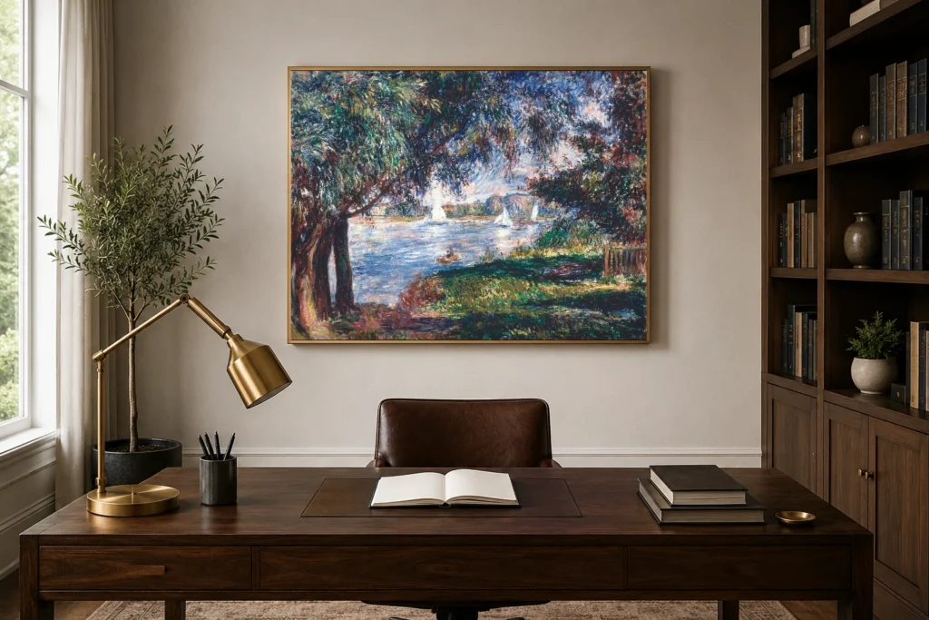 Framed print of Bougival hanging on a wall in a furnished room