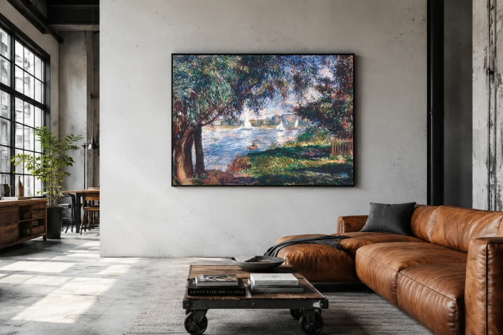 Framed print of Bougival hanging on a wall in a furnished room
