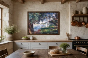 Framed print of Bougival hanging on a wall in a furnished room
