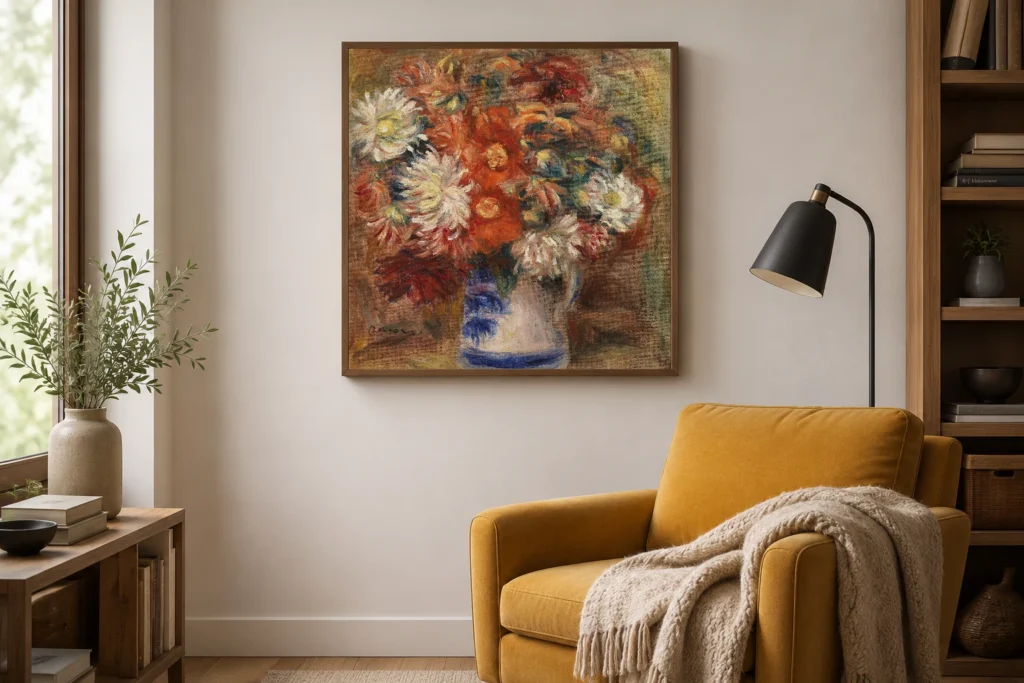 Framed print of Bouquet hanging on a wall in a furnished room