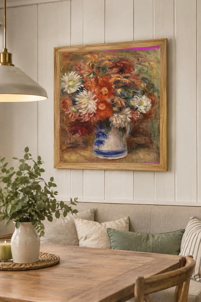 Framed print of Bouquet hanging on a wall in a furnished room