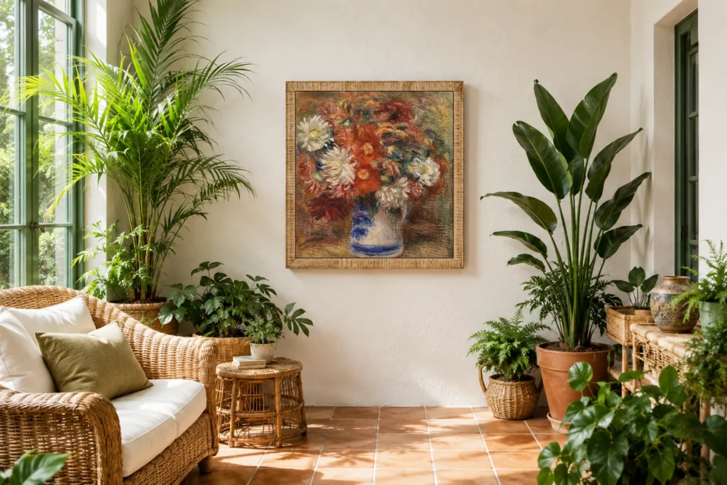 Framed print of Bouquet hanging on a wall in a furnished room