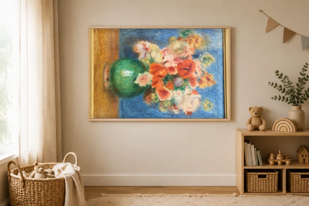 Framed print of Bouquet Renoir hanging on a wall in a furnished room