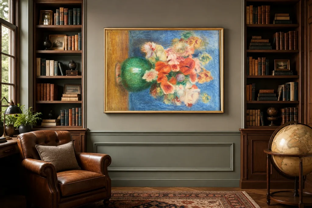 Framed print of Bouquet Renoir hanging on a wall in a furnished room