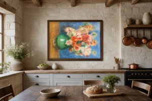 Framed print of Bouquet Renoir hanging on a wall in a furnished room