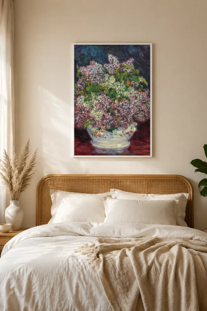 Framed print of Lilac Bouquet hanging on a wall in a furnished room