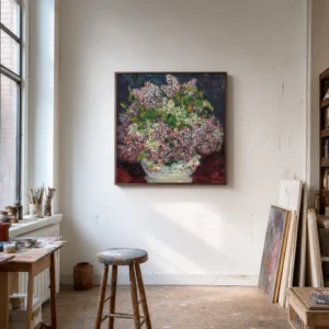 Framed print of Lilac Bouquet hanging on a wall in a furnished room