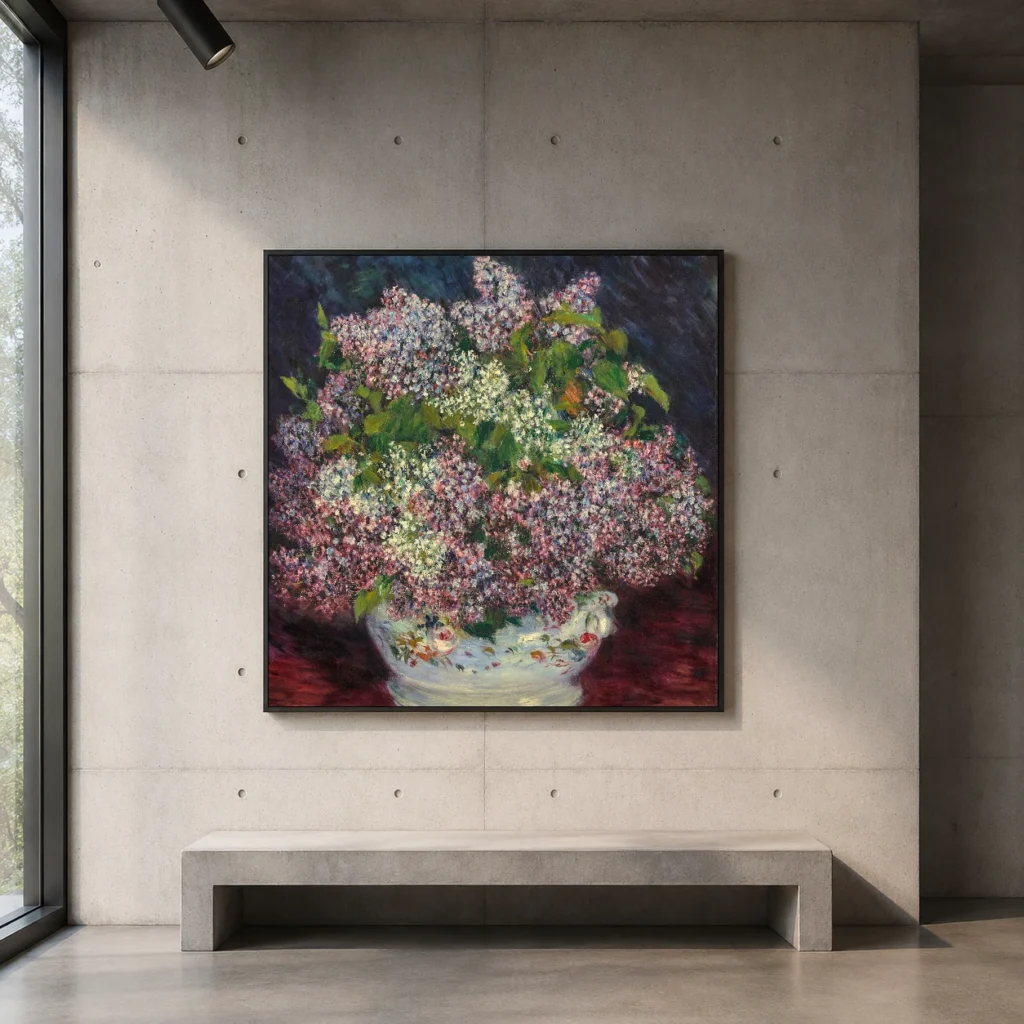 Framed print of Lilac Bouquet hanging on a wall in a furnished room