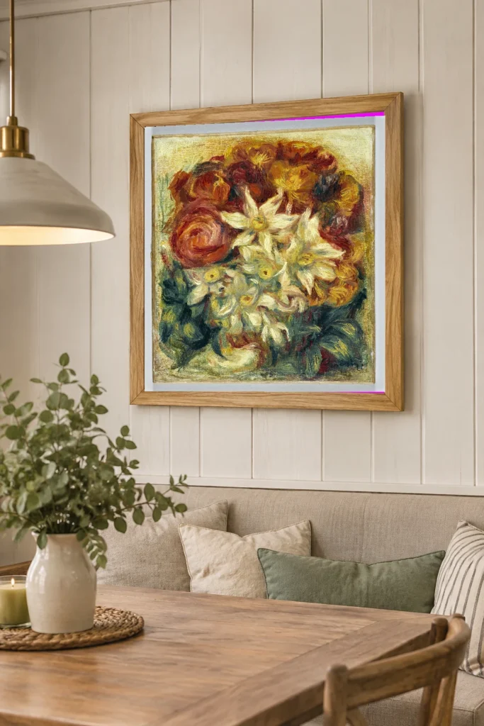 Framed print of Bouquet of Daffodils and Roses hanging on a wall in a furnished room