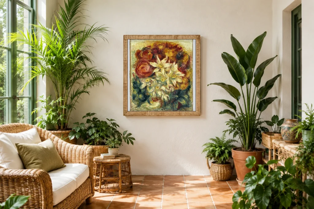 Framed print of Bouquet of Daffodils and Roses hanging on a wall in a furnished room