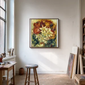 Framed print of Bouquet of Daffodils and Roses hanging on a wall in a furnished room