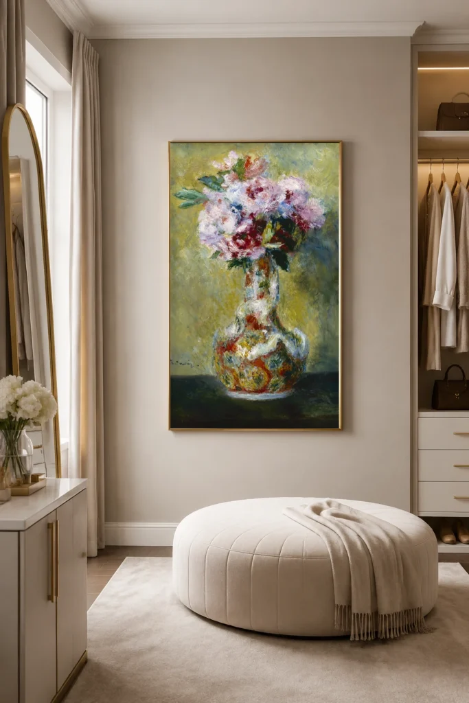 Framed print of Bouquet in a Vase hanging on a wall in a furnished room