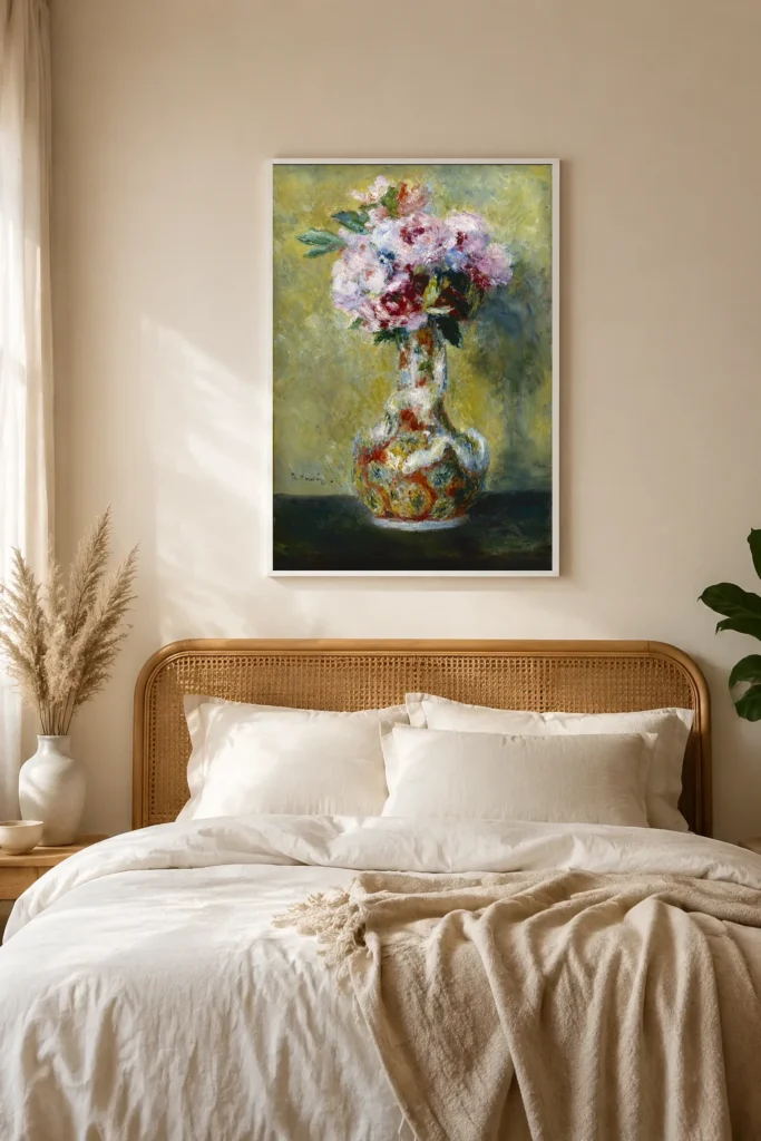 Framed print of Bouquet in a Vase hanging on a wall in a furnished room