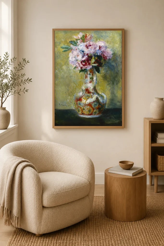 Framed print of Bouquet in a Vase hanging on a wall in a furnished room