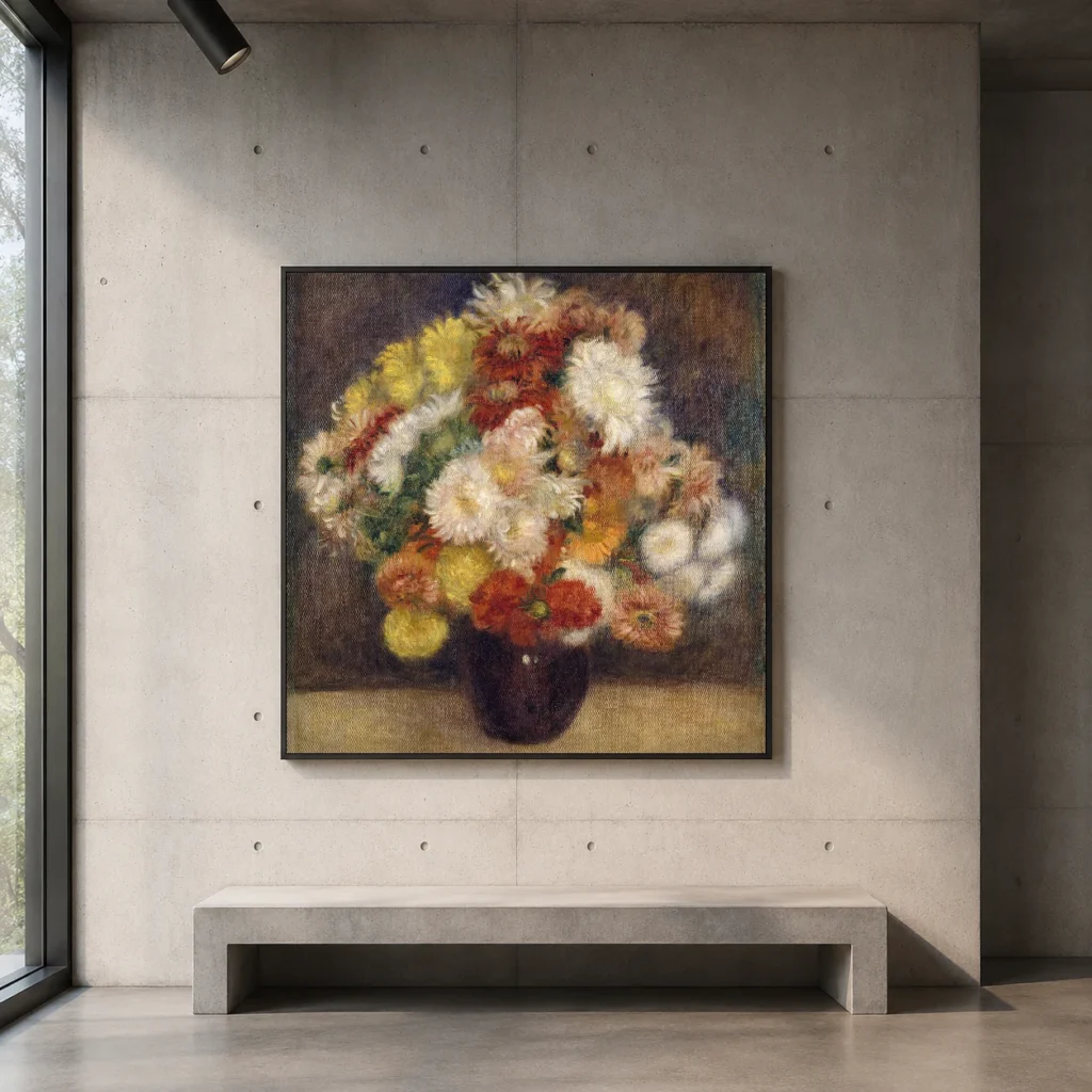 Framed print of Bouquet of Chrysanthemums hanging on a wall in a furnished room
