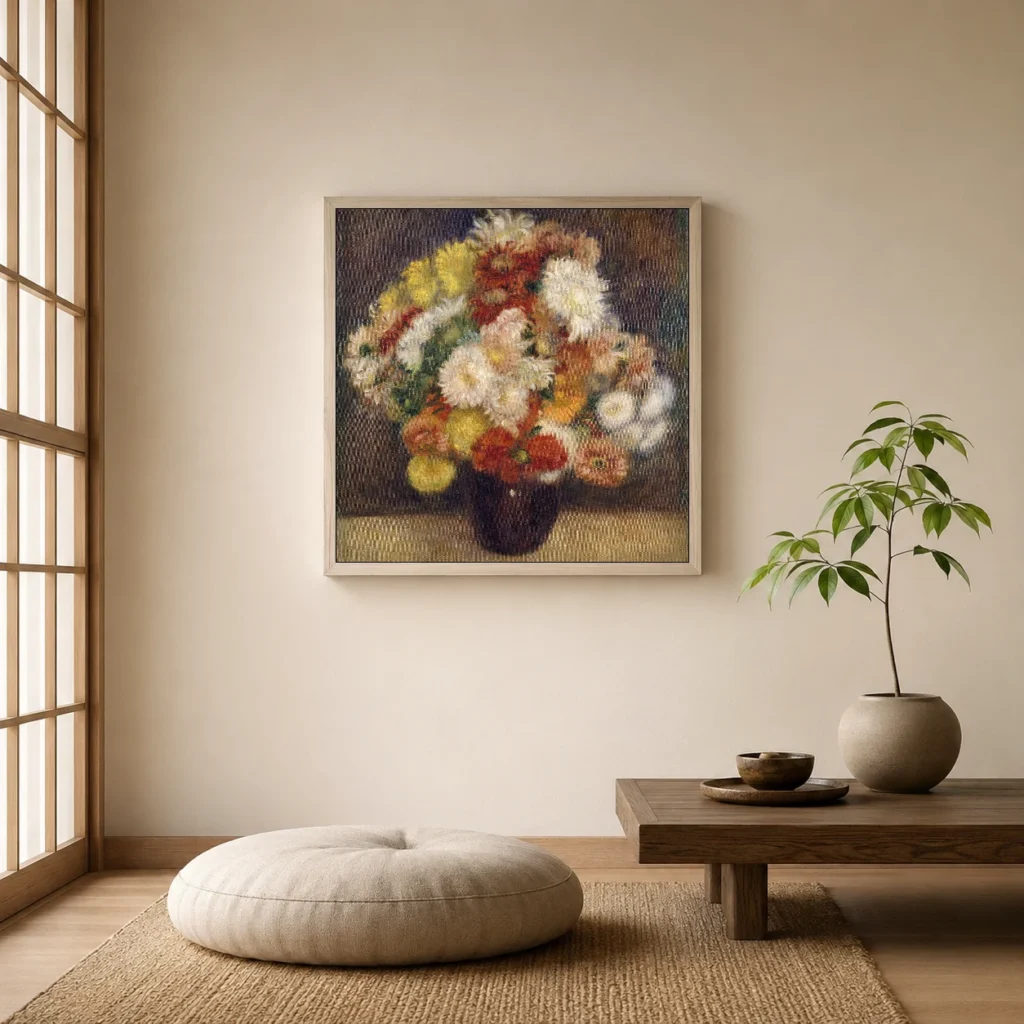 Framed print of Bouquet of Chrysanthemums hanging on a wall in a furnished room