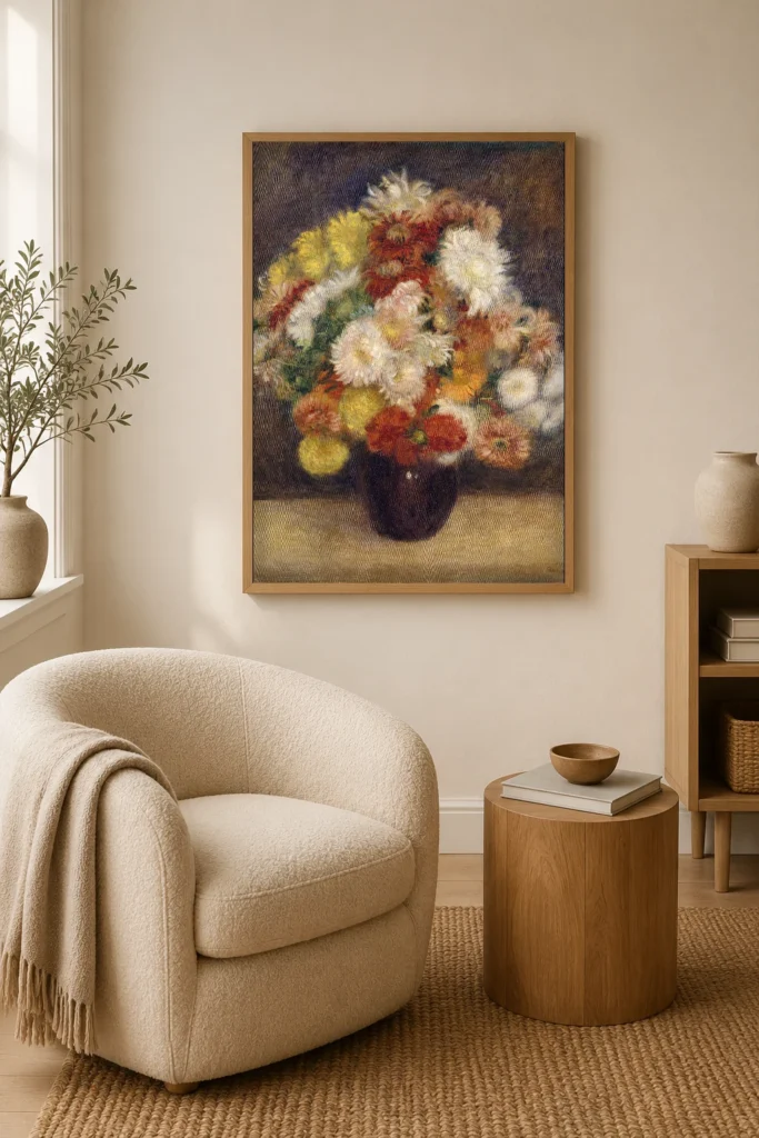 Framed print of Bouquet of Chrysanthemums hanging on a wall in a furnished room